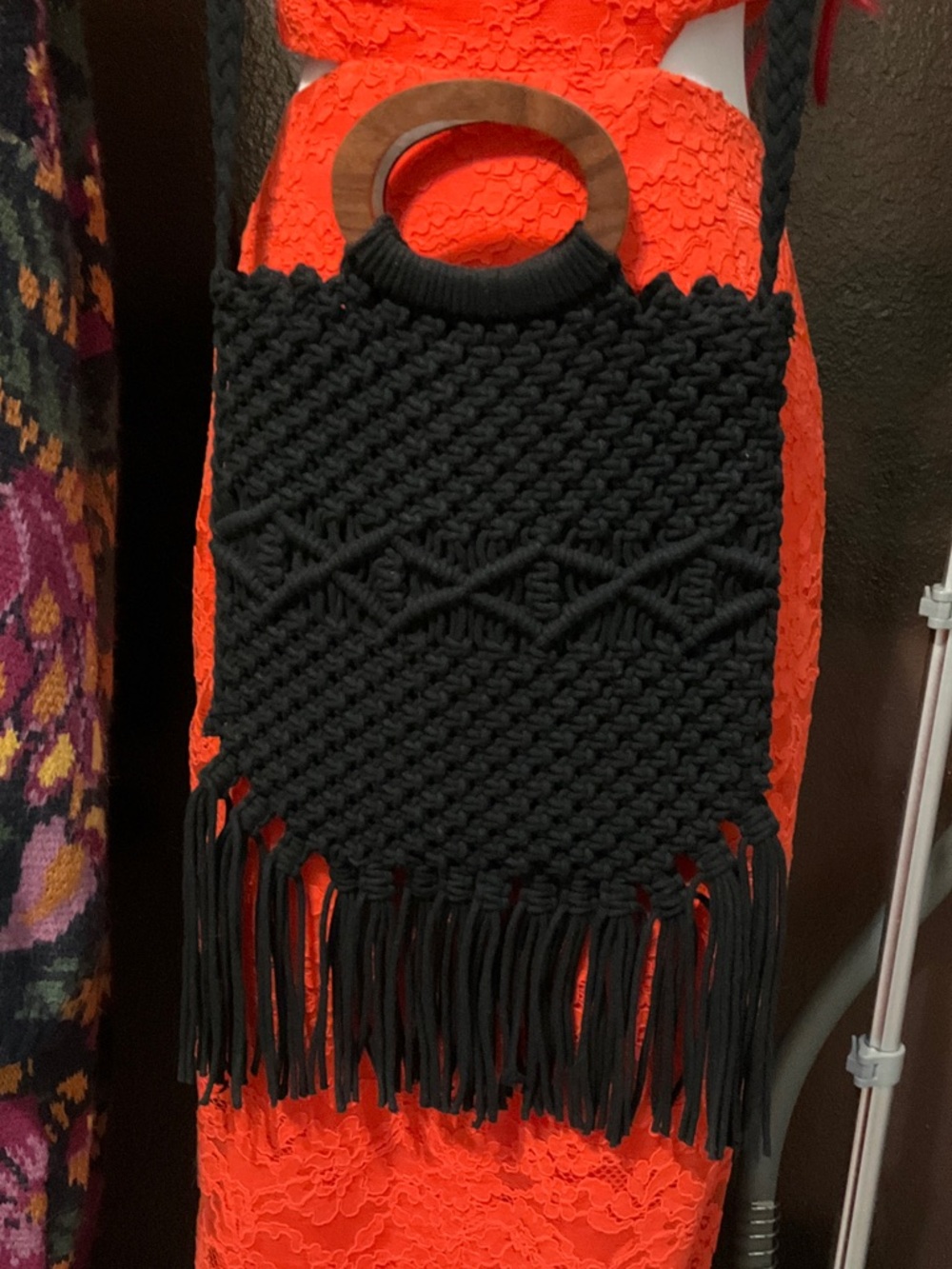 Danielle Nicole Black Macramé Fringe Shoulder Bag with Wooden Handles